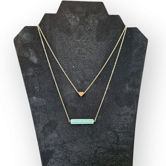 Aqua Blue Stone Bar Necklace and Floating Heart Necklace - Picture 1 of 8